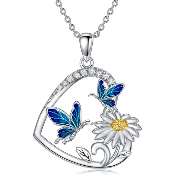 Sterling Silver Butterfly Necklace with Cubic Zirconia 18in+2in Ext Gift Box